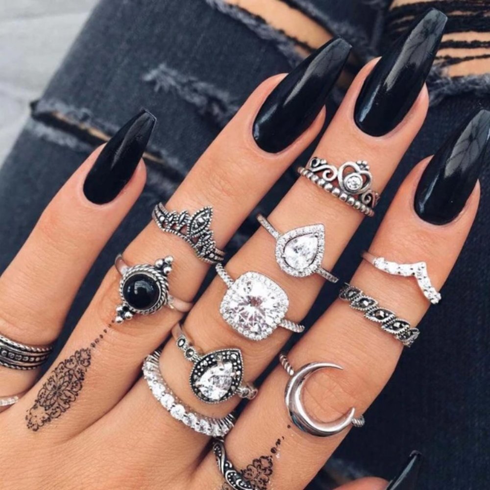 11 Piece‎ Boho Silver Crystal Moon Pendant Filigree Stackable Ring Set Gothic